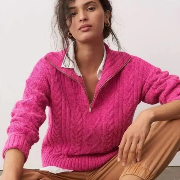 ANTHROPOLOGIE Cable Knit Fishermen 1/4 Zip Pullover Sweater Pink SIZE: XS - Picture 2 of 12